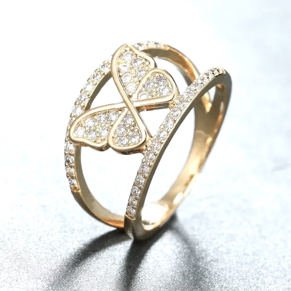 Beautiful 18k Yellow Gold Over Sterling Silver White Sapphires Butterfly Ring - Picture 2 of 5